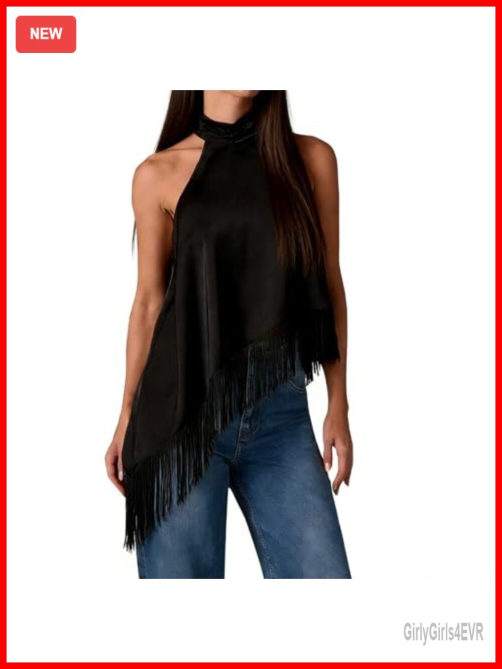 Women's High Neck Halter Asymmetrical Fringe Sleeveless Tank Top